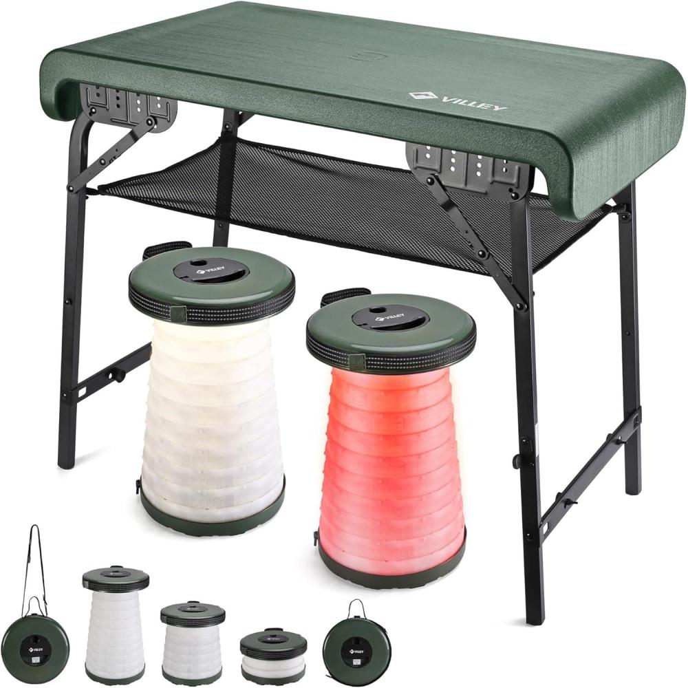 image:imageVILLEY Camping Table and Collapsible Stools Set Lightweight Foldable Beach Table with 2 Portable Stools and Mesh Layer Perfect for Outdoor BBQ Picnic Beach Hiking and Indoor UseGreen