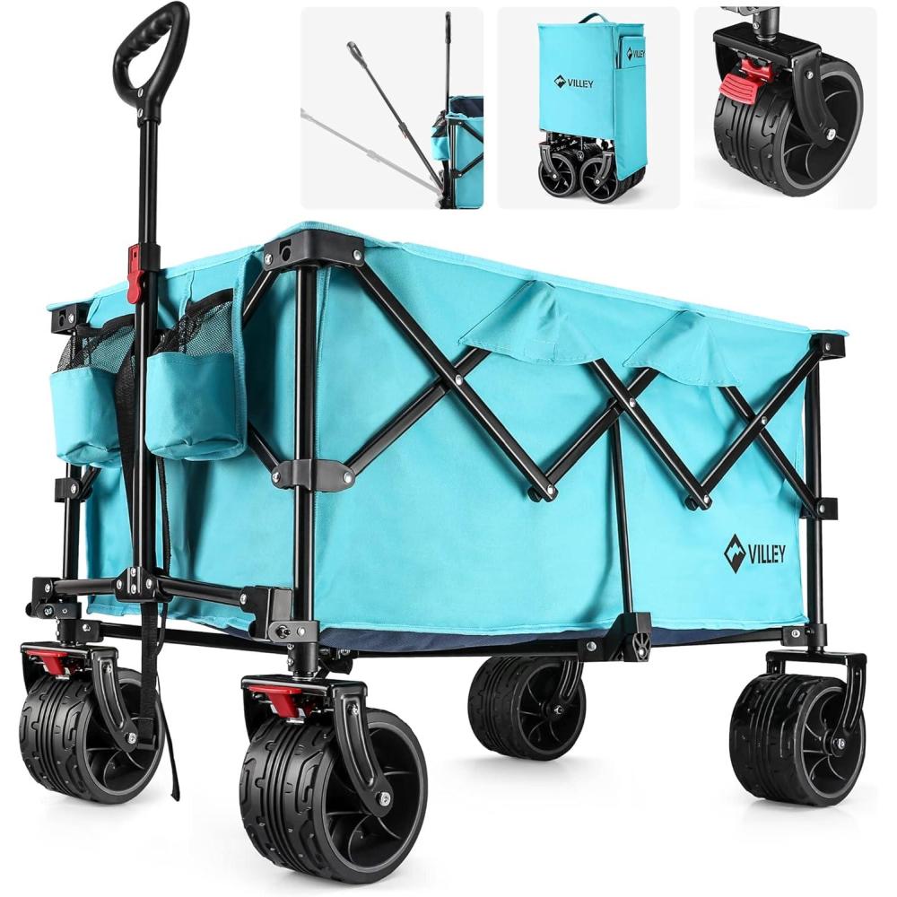 image:imageVILLEY Collapsible Folding Wagon with Big Wheels Enlarged 225lbs Capacity All Terrain Wagons Carts Heavy Duty Foldable Portable Utility Garden Cart with 2 Cup Holders and Brake PinkBlue