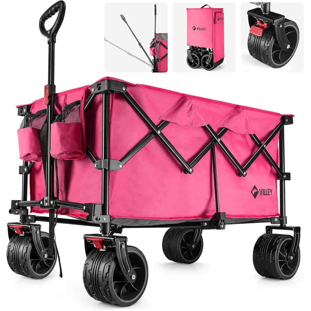 image:imageVILLEY Collapsible Folding Wagon with Big Wheels Enlarged 225lbs Capacity All Terrain Wagons Carts Heavy Duty Foldable Portable Utility Garden Cart with 2 Cup Holders and Brake PinkPink