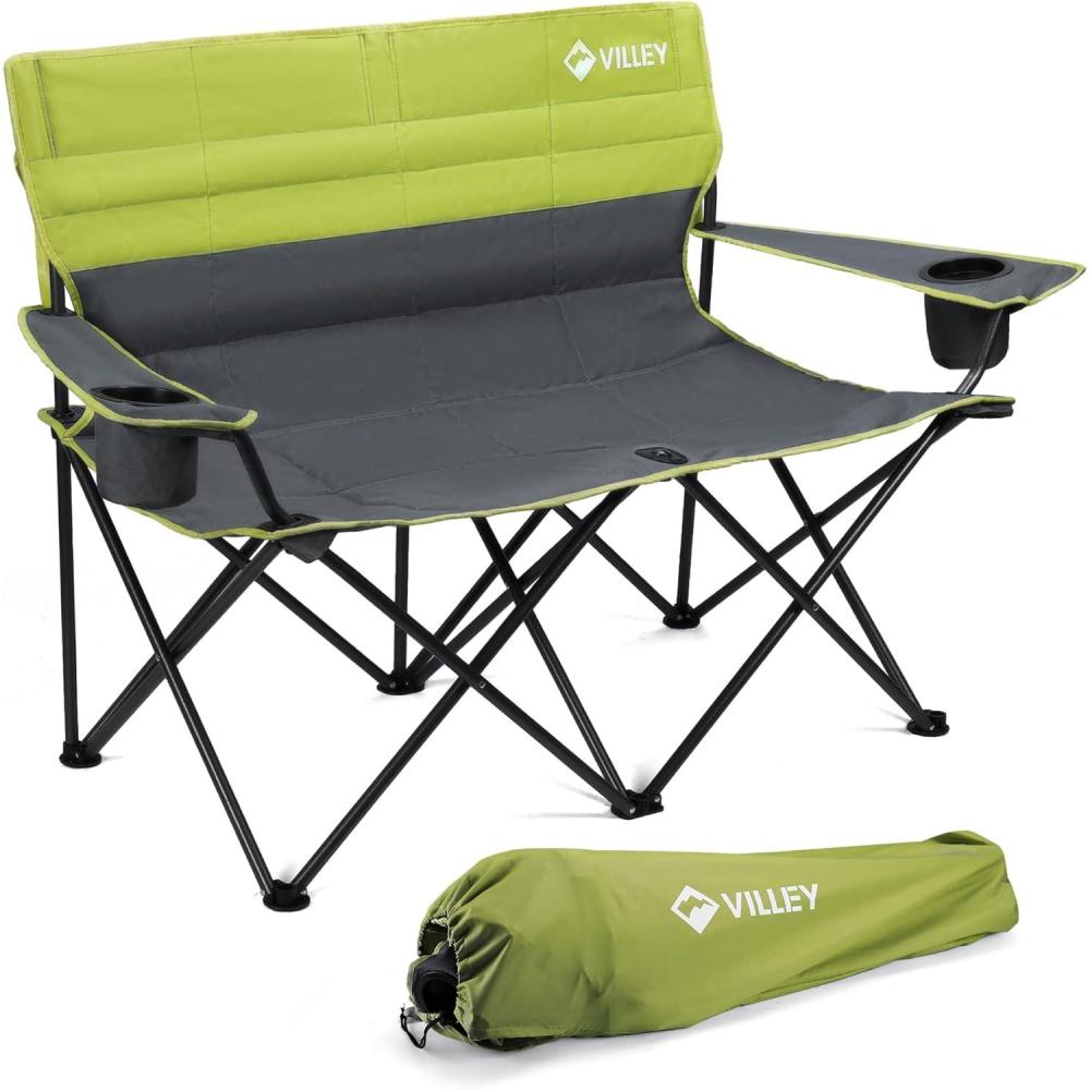 image:imageVILLEY Double Camping Chair Extra Wide Loveseat Heavy Duty Padded Camping Couch Portable Folding Camp Chair wCarry Bag Steel Frame Cup Holders for Camping Lawn Picnic Sports Supports 500 LBSGreen