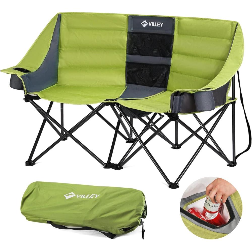 image:imageVILLEY Double Camping Chair wCooler Bag Extra Wide Loveseat Heavy Duty Padded Camping Couch Portable Folding Chair wCarry Bag Steel Frame Cup Holders for Camp Lawn Picnic Sports Support 600LBSGreen