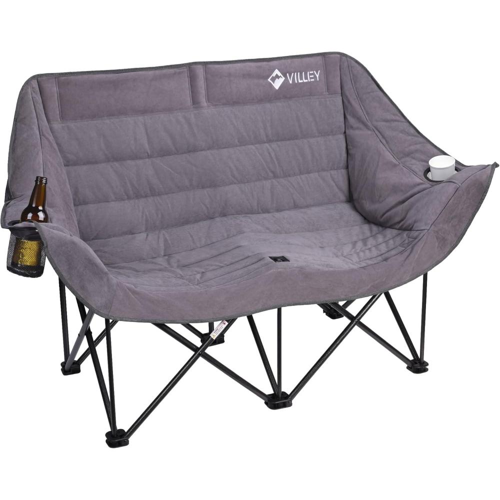 image:imageVILLEY Double Camping Chair wCooler Bag Extra Wide Loveseat Heavy Duty Padded Camping Couch Portable Folding Chair wCarry Bag Steel Frame Cup Holders for Camp Lawn Picnic Sports Support 600LBSGrey