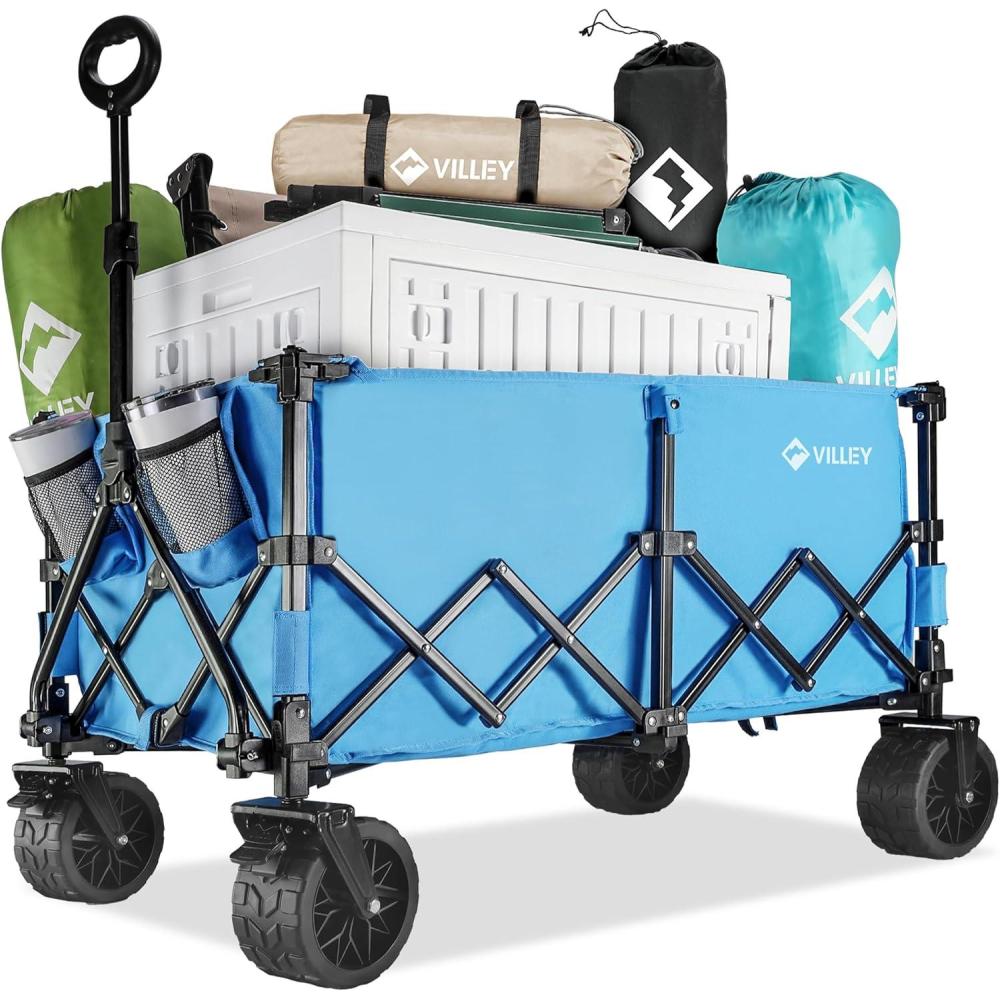 image:imageVILLEY Extended Collapsible Foldable Wagon with 330LBS Weight Capacity 220L Heavy Duty Folding Utility Garden Cart with Big AllTerrain Beach Wheels with Brake amp Drink Holders BlueBlue