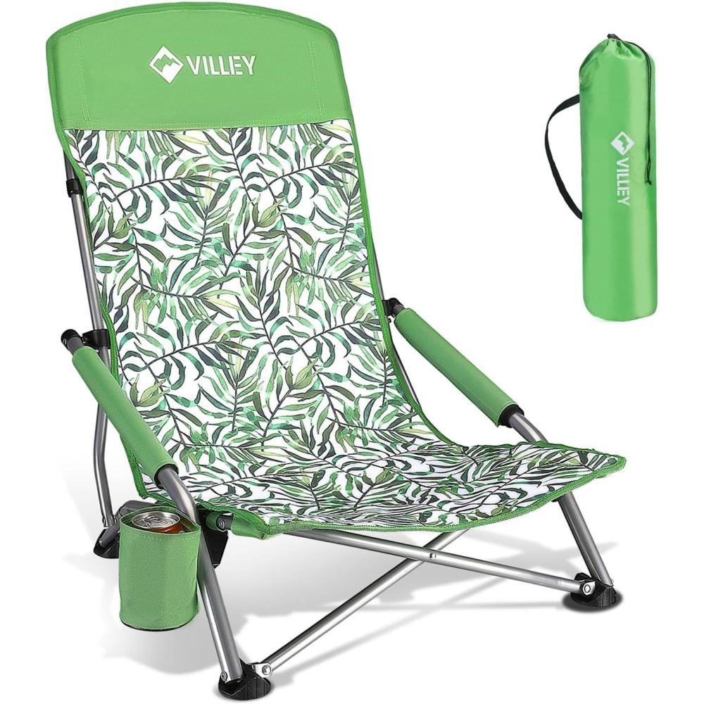 image:imageVILLEY Low Beach Chairs for Adults 2 Pack High Back Folding Beach Chairs Lightweight and Portable for Outdoor Beach Camping Lawn Music Festival with Cup Holder and Carry BagBlue StripesGreen Tropical Leaves