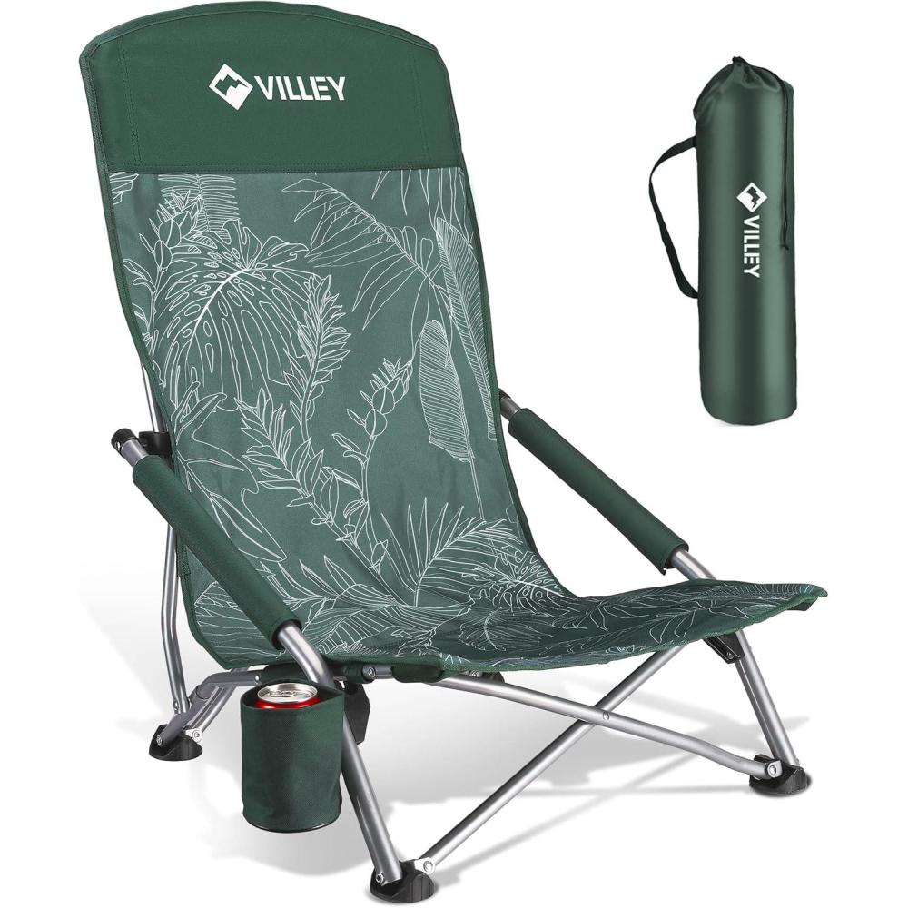 image:imageVILLEY Low Beach Chairs for Adults 2 Pack High Back Folding Beach Chairs Lightweight and Portable for Outdoor Beach Camping Lawn Music Festival with Cup Holder and Carry BagBlue StripesVintage Green Leaves