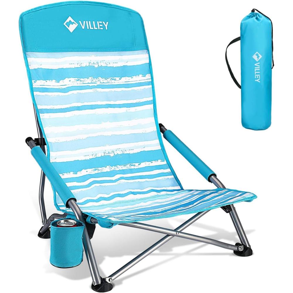 image:imageVILLEY Low Beach Chairs for Adults 2 Pack High Back Folding Beach Chairs Lightweight and Portable for Outdoor Beach Camping Lawn Music Festival with Cup Holder and Carry BagBlue StripesBlue Stripes