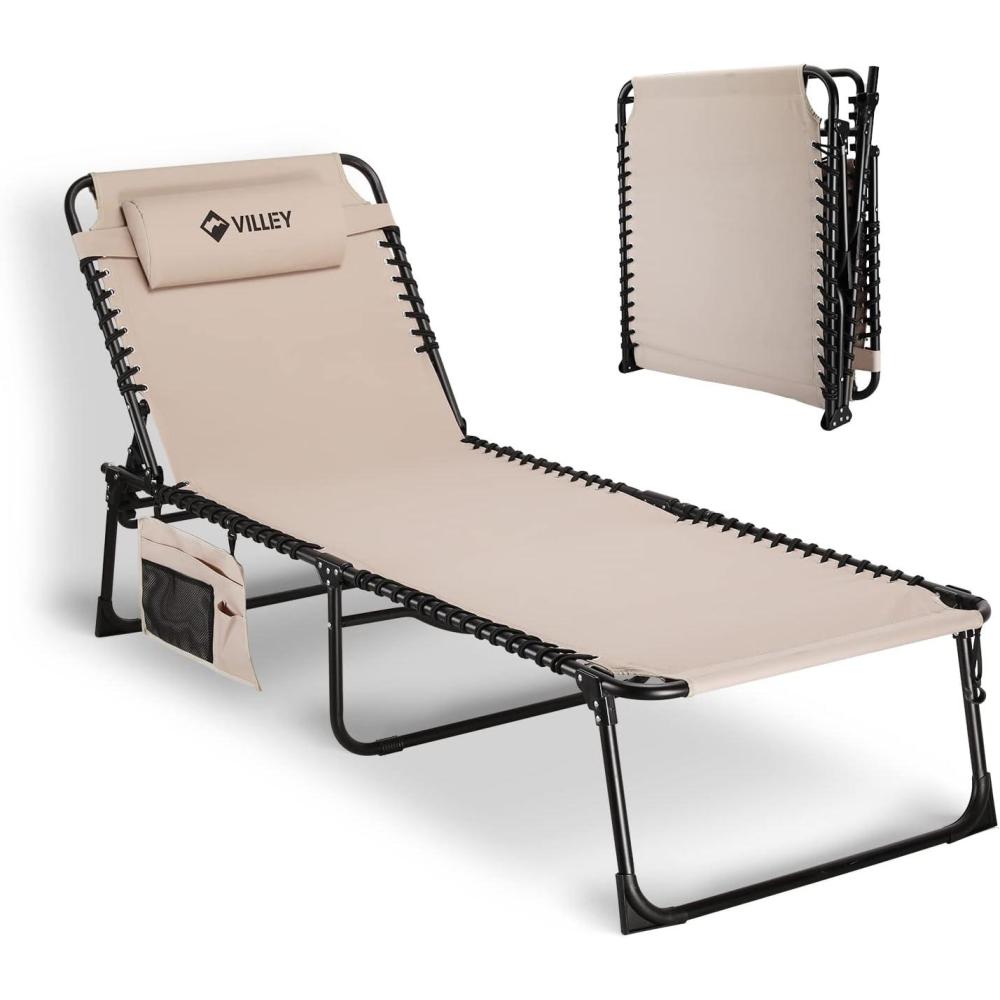 image:imageVILLEY Oversized Chaise Lounge Chair HeavyDuty Folding Outdoor Lounge Chair with 5 Adjustable Positions Portable Trifold Beach Lounger for Patio Beach Lawn Backyard Camping Beige