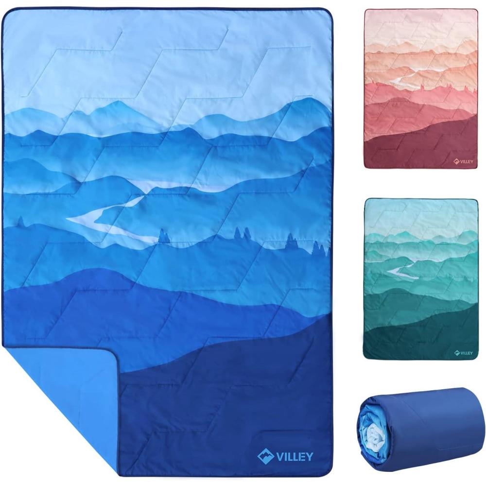 image:imageVILLEY Picnic Blanket 3Layer Camping Blanket 52x75 Machine Washable Water Repellent and Sandproof Packable and Portable for Camping Travel Park Beach and Indoor UseBlue
