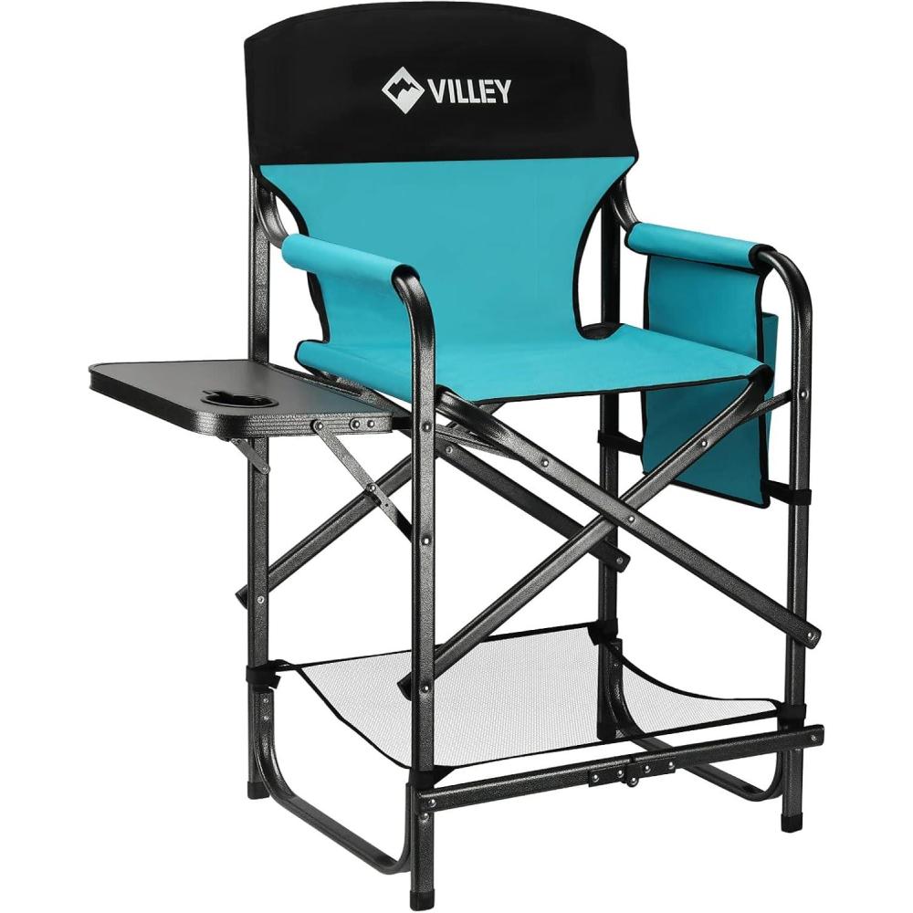 image:imageVILLEY Tall Directors Chair Folding Camping Chairs Makeup Artist Chair with Foot Rest 900D Fabric for Tailgating Camp Lawn Picnic Fishing Beach Supports 350 LBS Blue