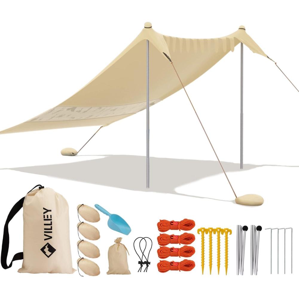 image:imageVilley Beach Tent Sun Shelter with UPF50 Protection 87FT Portable Sun Shade with 2 Stability Poles 8 Ground Pegs 4 Sandbags and Sand Shovel Outdoor Beach Canopy for Camping Trips PicnicsKhaki
