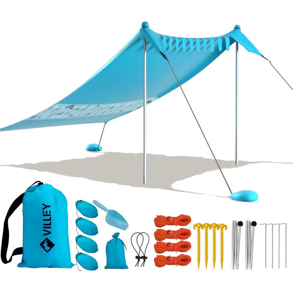 image:imageVilley Beach Tent Sun Shelter with UPF50 Protection 87FT Portable Sun Shade with 2 Stability Poles 8 Ground Pegs 4 Sandbags and Sand Shovel Outdoor Beach Canopy for Camping Trips PicnicsBlue