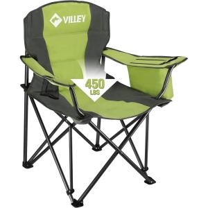image:imageVILLEY Camping Chair Oversized Folding Camp Chair Portable Outdoor Chairs Support 450 LBS with Padded Seats Cooler Bag Cup Holder Carry Bag GreenGreen