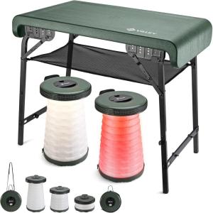 image:imageVILLEY Camping Table and Collapsible Stools Set Lightweight Foldable Beach Table with 2 Portable Stools and Mesh Layer Perfect for Outdoor BBQ Picnic Beach Hiking and Indoor UseGreen