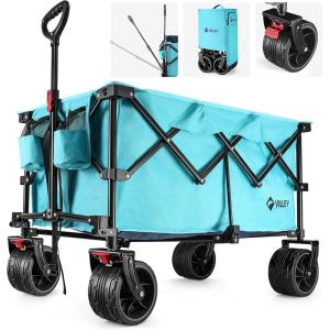 image:imageVILLEY Collapsible Folding Wagon with Big Wheels Enlarged 225lbs Capacity All Terrain Wagons Carts Heavy Duty Foldable Portable Utility Garden Cart with 2 Cup Holders and Brake PinkBlue
