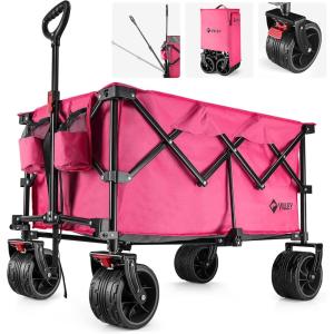 image:imageVILLEY Collapsible Folding Wagon with Big Wheels Enlarged 225lbs Capacity All Terrain Wagons Carts Heavy Duty Foldable Portable Utility Garden Cart with 2 Cup Holders and Brake PinkPink