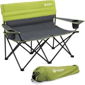 image:imageVILLEY Double Camping Chair Extra Wide Loveseat Heavy Duty Padded Camping Couch Portable Folding Camp Chair wCarry Bag Steel Frame Cup Holders for Camping Lawn Picnic Sports Supports 500 LBSGreen
