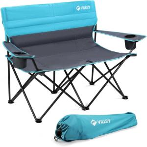 image:imageVILLEY Double Camping Chair Extra Wide Loveseat Heavy Duty Padded Camping Couch Portable Folding Camp Chair wCarry Bag Steel Frame Cup Holders for Camping Lawn Picnic Sports Supports 500 LBSBlue