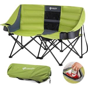 image:imageVILLEY Double Camping Chair wCooler Bag Extra Wide Loveseat Heavy Duty Padded Camping Couch Portable Folding Chair wCarry Bag Steel Frame Cup Holders for Camp Lawn Picnic Sports Support 600LBSGreen
