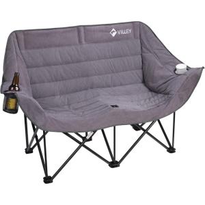 image:imageVILLEY Double Camping Chair wCooler Bag Extra Wide Loveseat Heavy Duty Padded Camping Couch Portable Folding Chair wCarry Bag Steel Frame Cup Holders for Camp Lawn Picnic Sports Support 600LBSGrey