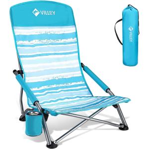 image:imageVILLEY Low Beach Chairs for Adults 2 Pack High Back Folding Beach Chairs Lightweight and Portable for Outdoor Beach Camping Lawn Music Festival with Cup Holder and Carry BagBlue StripesBlue Stripes