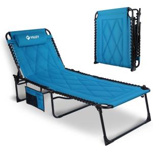 image:imageVILLEY Oversized Padded Chaise Lounge with Cushion Foldable Camping Cot Patio Reclining Lounge Chairs Folding Sleeping Bed for Outdoor Indoor Backyard Garden Camping Relaxing Beach TanningBlue