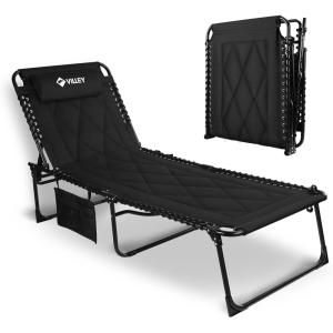 image:imageVILLEY Oversized Padded Chaise Lounge with Cushion Foldable Camping Cot Patio Reclining Lounge Chairs Folding Sleeping Bed for Outdoor Indoor Backyard Garden Camping Relaxing Beach TanningBlack