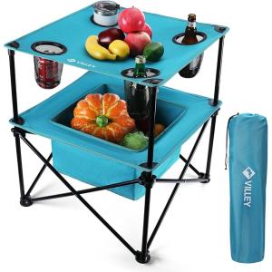 image:imageVILLEY Portable Camping Picnic Table Lightweight Folding Beach Table with 4 Cup Holders and Carry Bag for Camp Travel Fishing and Outdoor Activities