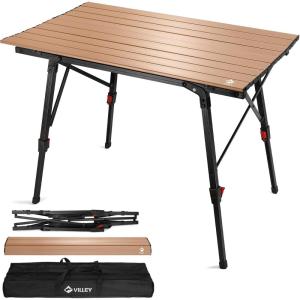 image:imageVILLEY Portable Camping Table with Adjustable Legs Lightweight Aluminum Folding Beach Table with Carrying Bag for Outdoor Cooking Picnic Beach Backyards BBQ and Party  GoldGold