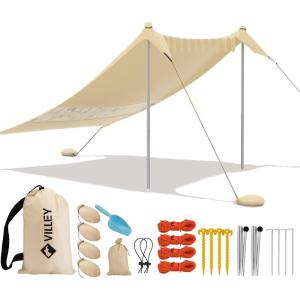 image:imageVilley Beach Tent Sun Shelter with UPF50 Protection 87FT Portable Sun Shade with 2 Stability Poles 8 Ground Pegs 4 Sandbags and Sand Shovel Outdoor Beach Canopy for Camping Trips PicnicsKhaki